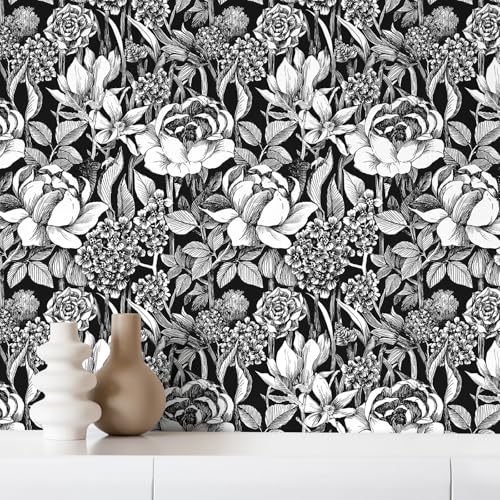 Black and White Floral Wallpaper A Set of 17.3"x120" Modern Boho Peel and Stick Wallpaper Self-Adhesive Removable Floral Contact Paper for Cabinets Drawer Shelf Liner