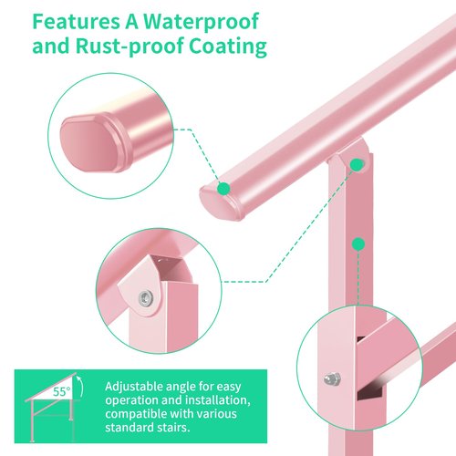 Adjustable Handrails for Outdoor Steps – Pink Metal Stair Railing with Flexible Angle Design, Porch Railing Fits 1 to 2 Steps or Horizontal Use, Unique Wrought Iron Hand Rails with Installation Kit