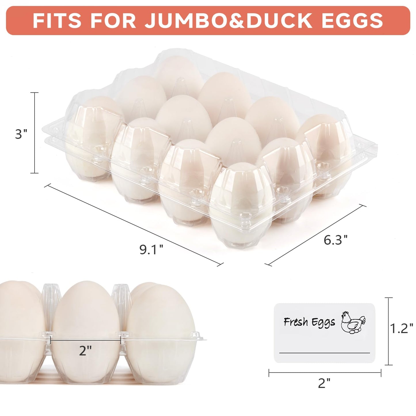 YIFIHGE 60 Pack Egg Cartons Cheap Bulk 1 Dozen Jumbo Egg Cartons Extra Large Duck Egg Holders with Sticker Labels Clear Empty Plastic Egg Containers for Home Ranch Farm Commercial Market Display