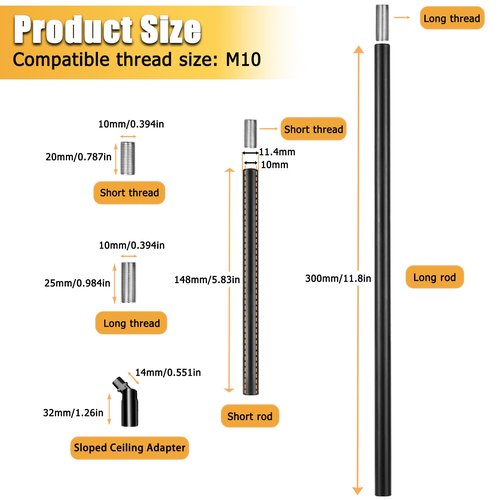 M10 Threaded Extension Rods Kit for Sloped Ceilings – 8 Heavy-Duty Iron Rods & 4 Adapters, Fits Chandeliers/Pendant Lights (Feylan)