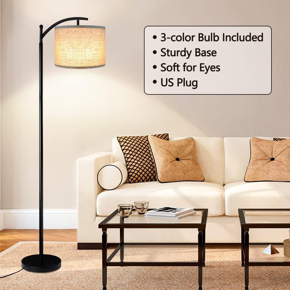 ROTTOGOON Floor Lamp for Living Room with 3 Color Temperatures LED Bulb, Standing Lamp Tall Industrial Floor Lamp Reading for Bedroom, Office (9W LED Bulb, Beige Lampshade Included) -Black
