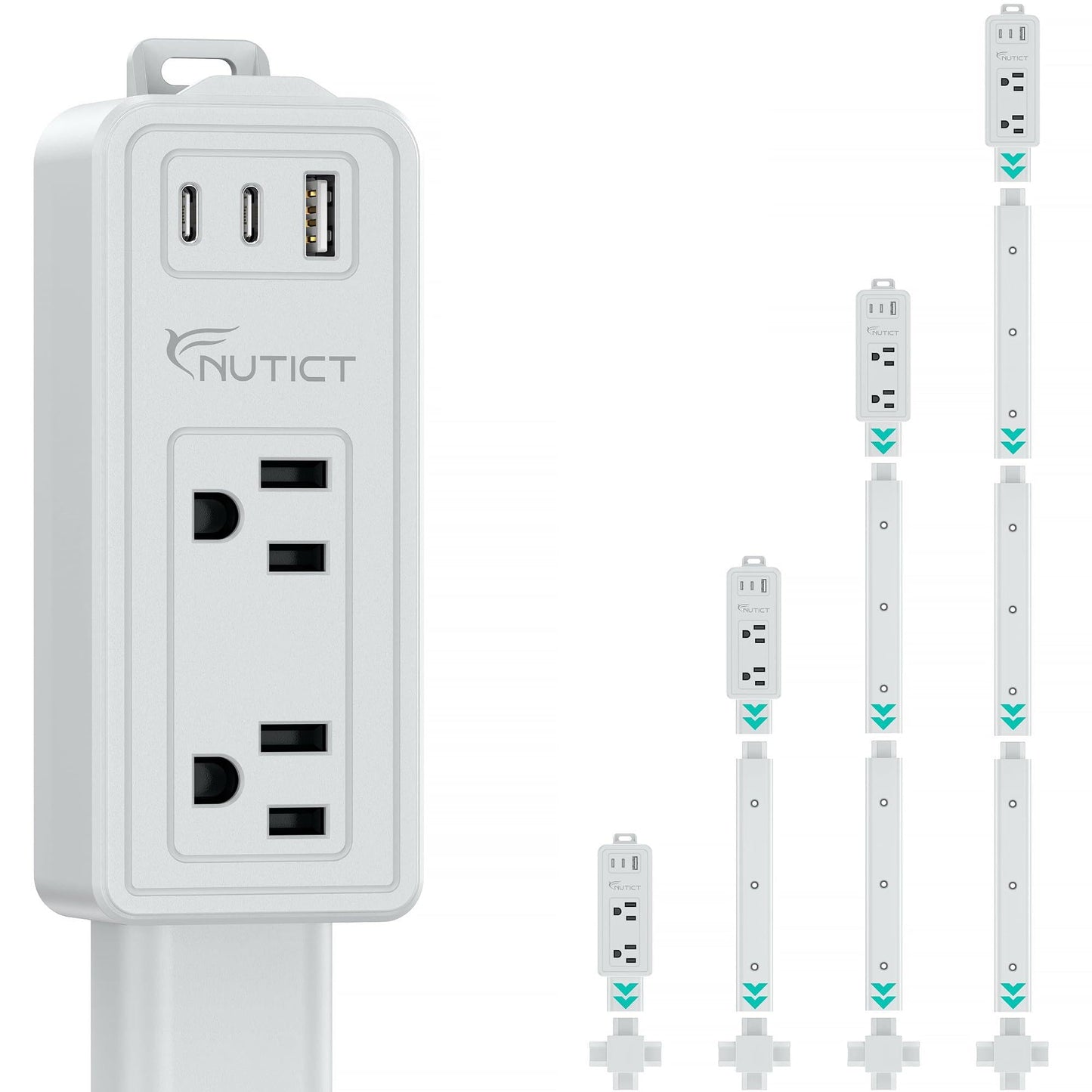 NUTICT Electrical Outlet Extender Stick, 2 AC Outlets & 2 USB-C & 1 USB-A Port, Flexible Extends 6"-34", Hide Behind Couches, Nightstands, Beds, Desks, Grey