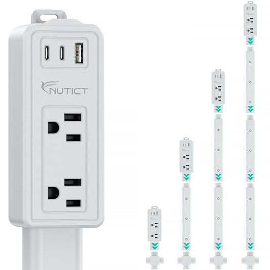 NUTICT Electrical Outlet Extender Stick, 2 AC Outlets & 2 USB-C & 1 USB-A Port, Flexible Extends 6"-34", Hide Behind Couches, Nightstands, Beds, Desks, Grey