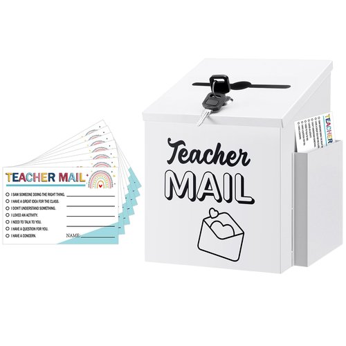 Dunzoom Teacher Mailbox Set Include 8.2x6.2x5.5 Inch White Metal Classroom Mailbox with Lock and 50 Cards for School Classroom Teacher Student Social Emotional Learning