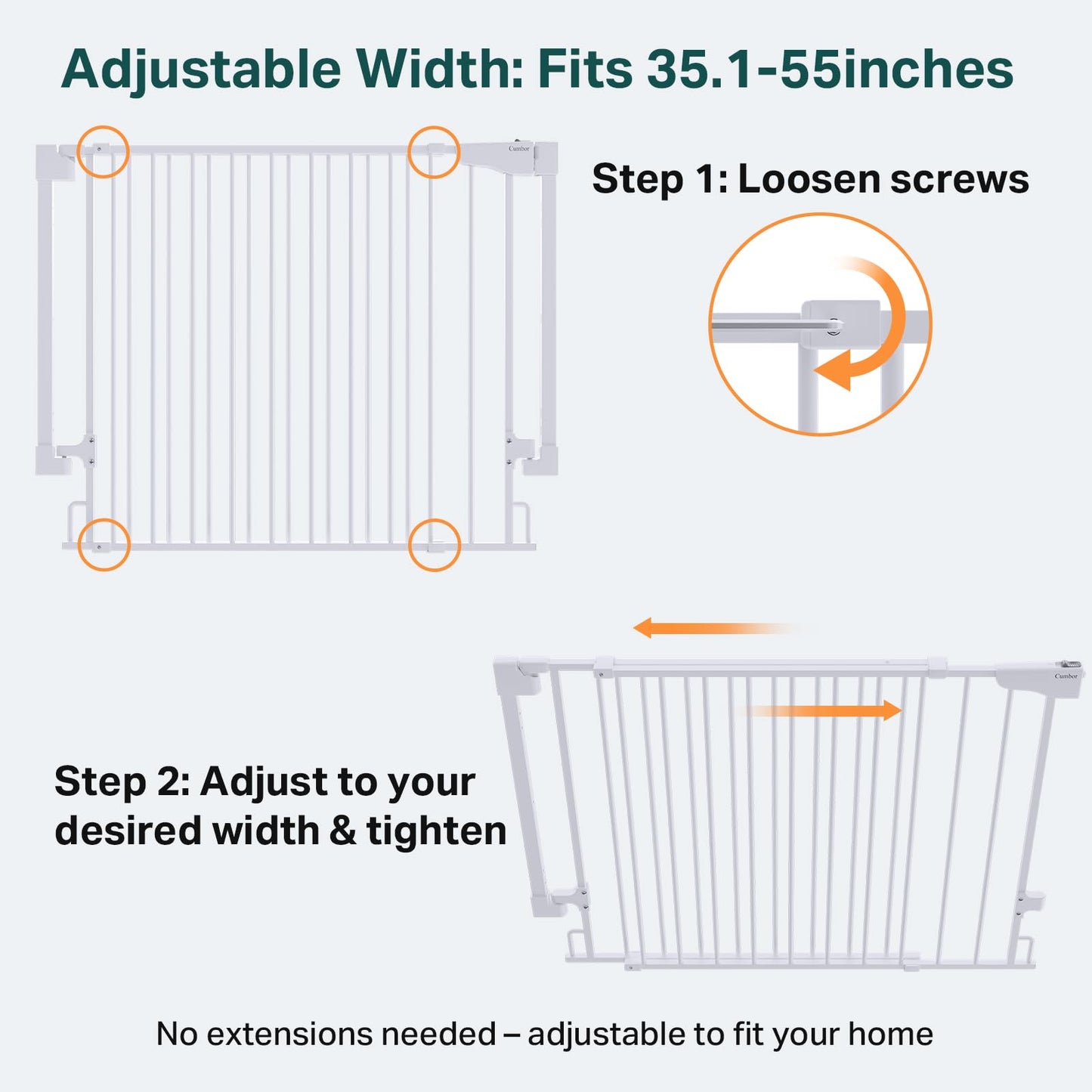 Cumbor 35.1-55" Wide No Bottom Bar Baby Gate for Stairs, 2-in-1 Auto Close Dog Gate Indoor, Hardware Mounted Pet Gate for Doorways with Large Walk Thru Door, Child-Proof Safety Gate for Kids (White)