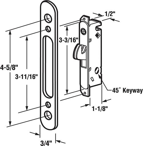 HauSun Mortise Lock with 45 Degree Keyway and Round Faceplate,Adjustable,Spring-Loaded Hook Latch Replacement for Sliding Patio Doors Constructed of Wood, Aluminum and Vinyl, 4-5/8"