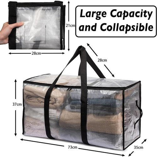 Clear Plastic Storage Bags with Zipper - Waterproof Foldable Reinforced Handles - Blanket Moving Sacks - Heavy-Duty Space-Saving Design