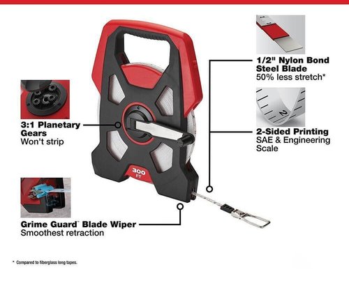 Measuring Tool, 48-22-5230 Compatible with Milwaukee 300Ft Open Reel Long Tape with 3/8" Nylon Steel Blade