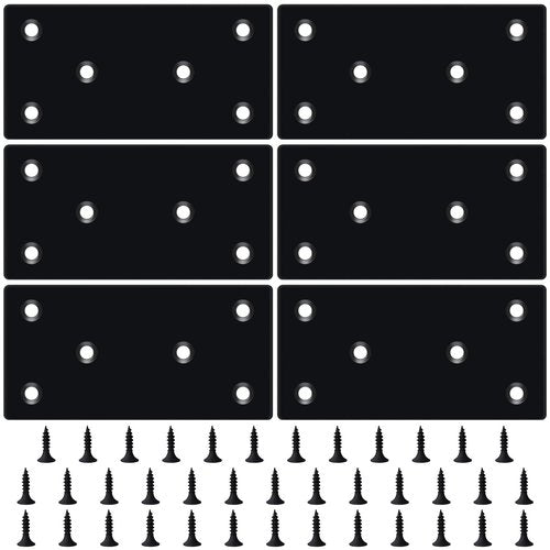HOUYITOU 6PCS 3.11 x 1.57 inch Black Flat Mending Plate, Metal Bracket with Holes, Straight Steel Brace Fixing Joining Plate for Wood with 36PCS Screws