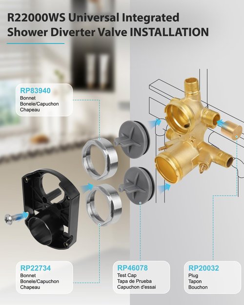 R22000-WS Integrated Shower and Diverter Valve with 3-Setting or 6-Setting Integrated Diverter Trim Kit, R22000-WS Multichoice Universal Rough in Valve, Screwdriver Stops Included, Brass Body