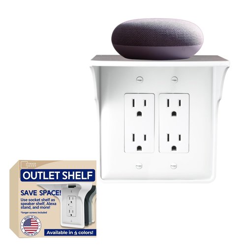 Storage Theory Power Perch Double Outlet Shelf with Cord Storage Strap – Wall Shelf for Echo Dot, Electric Toothbrush, Phone – Bedroom & Bathroom Organizer (White, 1-Pack)