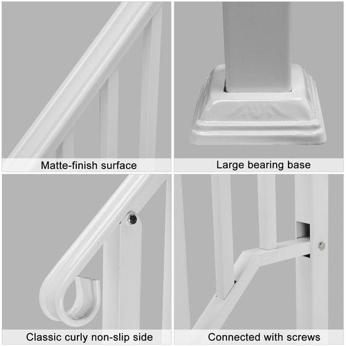 Kshioe Handrails for Outdoor Steps Fits 1 to 4 Steps, Wrought Iron Stair Railing for Outdoor Porch, All Weather Use Stair Rails on Concrete Steps, White (White, 2-3 Steps)
