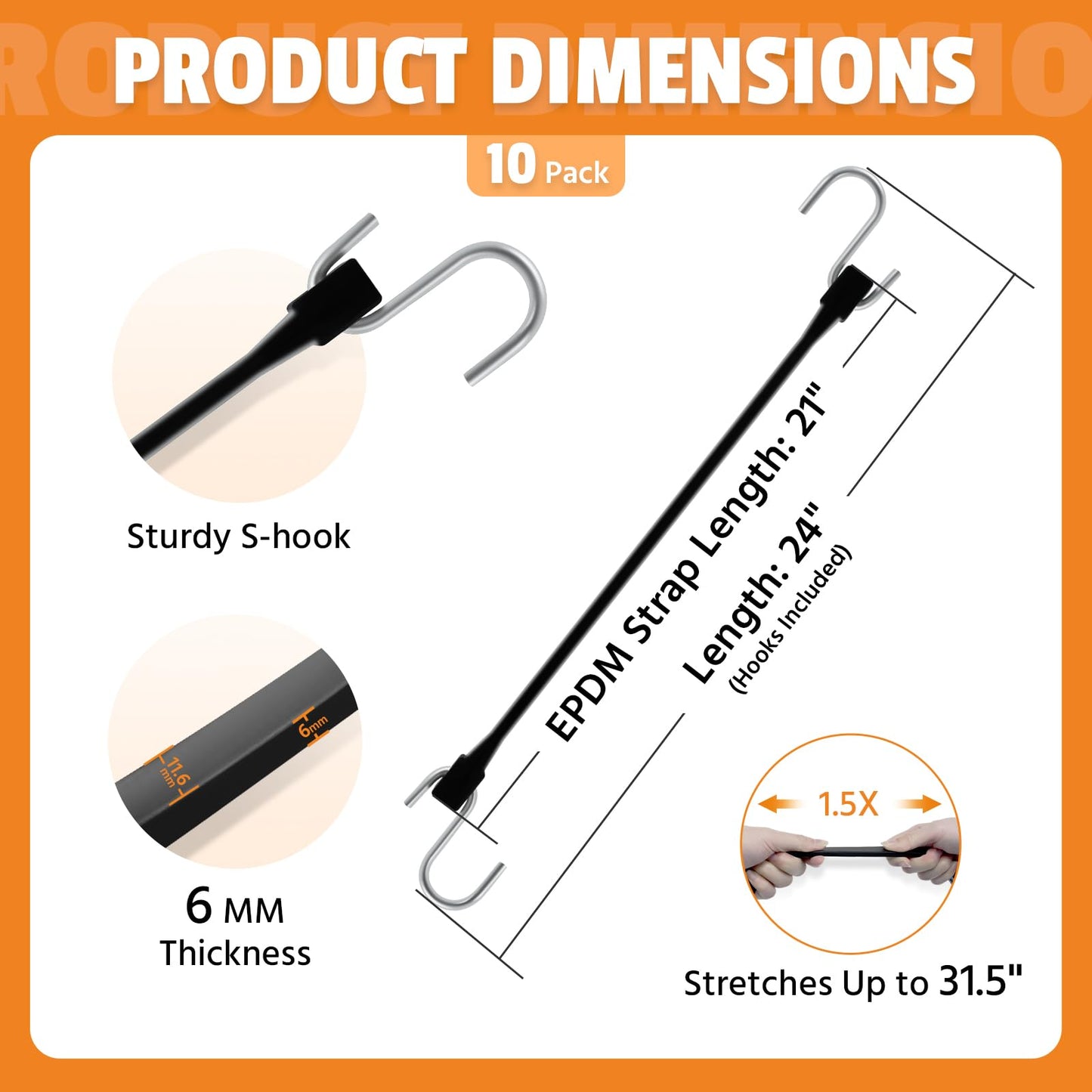 HOXWELL 21" Rubber Bungee Cords with Hooks, Heavy Duty EPDM Bungee Cord with 150% Max Stretch, Heavy Duty Bungee Straps for Securing Tarps, Canvases, Cargo, Motorcycle, Weatherproof, Pack of 10