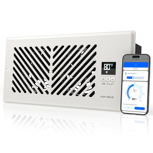 ATOM NEXUS Register Booster Fan for 4”x10” Vent (Fits 5-6.25" W x 9.73-10.25" L), Smart Vent Booster with Thermostat Control, Energy Efficient Household Ventilation Vent Fan, App Control