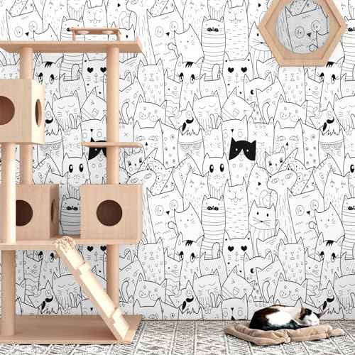 Cat Wallpaper Beige Peel and Stick Wallpaper Black Cat Contact Paper Self Adhesive Animal Cute Kitten Stick on Wall Paper for Dollhouse Nursery Shelf Liner Accent Wall Pet Room 17.5"x102"