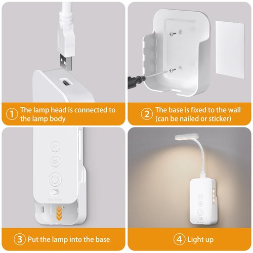 Ellasay Wall Mounted Reading Light: Rechargeable Dimmable Night Light with USB Output &Timers Function - Eye Care for Kids Study in Bedside 1Pack (White)