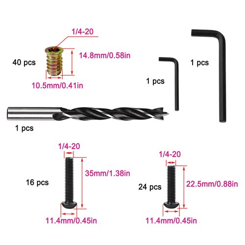 40 pcs 1/4"-20x15mm Wood Inserts+24 pcs 1/4"-20 x 3/4" Bolt+16 pcs 1/4"-20 x 1-1/4" Bolt with Twist Drill and 2 pcs Wrench,Furniture Fastenerr
