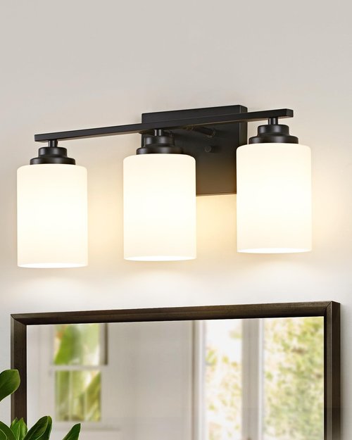 Osimir Black Bathroom Light Fixtures, 3-Light Bathroom Vanity Lighting Fixtures Over Mirror with Milky Glass, Modern Wall Sconce Lights for Bath, OS-JJ8301-3BK