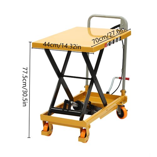 Yellulu Hydraulic Table Cart, 500lbs Capacity Cart Lift Table Cart, Manual Scissor Lift Table, Elevating Hydraulic Cart - with 4 Wheels and Foot Pump - 30.5" Lifting Height, Yellow