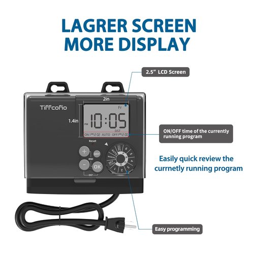 TiFFCOFiO New Digital Outdoor Timer Waterproof, Dial Programmable Method, Outdoor Pool Pump Timer with 2FT Extension Cord, 2 Grounded Electrical Outlets for Lights, 6 Sets of Programs, 20A/2500W