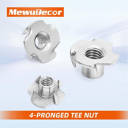 1/4"-20 T-Nut, 5/16" Barrel Length, 304 Stainless Steel Threaded Insert, 4-Pronged Tee Nut for Wood, Rock Climbing Holds, Cabinetry, Furniture, 25 PCS