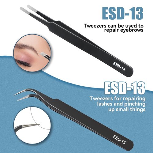 CHERALKEST 6 Pcs Precision Tweezers Set, Premium Anti-Static Stainless Steel Tweezer, ESD Curved of Tweezers for Electronics, Craft, Laboratory Work, Jewelry-Making, etc