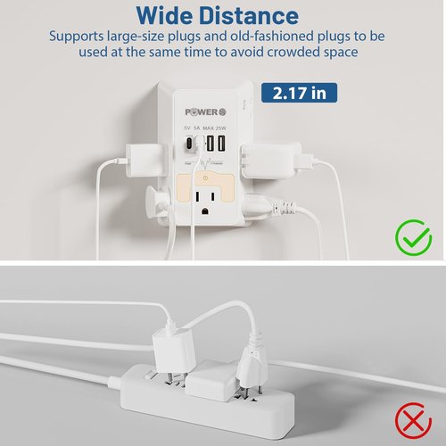 Electrical Outlet Extender with USB Ports(2C2A), Snug Wall Outlet with Night Light, Surge Protector, Wall Plug Adapter for Multiple Devices, Wall Socket Expander