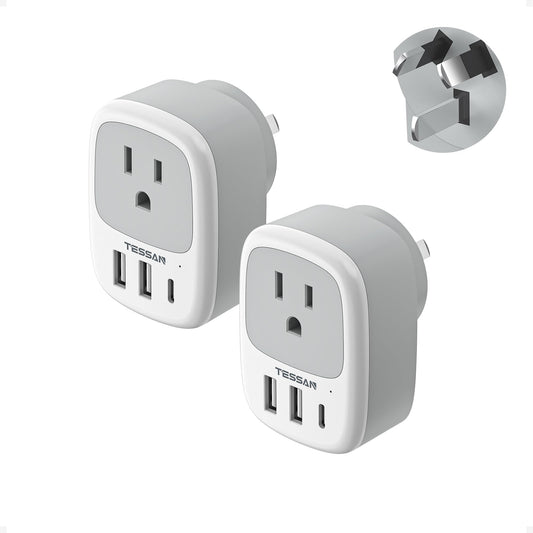 2 Pack US to Australia Plug Adapter, TESSAN New Zealand Power Adapter with 1 Electrical Outlet 3 USB Ports (1 USB C), Type I Travel Outlet Adaptor for USA to Australian Argentina China Fiji AU