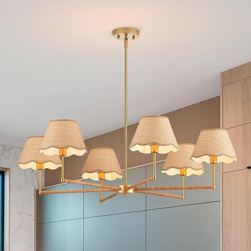 MIXL - 6-Light Rattan Chandelier,Adjustable Height Ceiling Pendant Light Over Table,Boho Style Gold Chandelier for Dining Room Living Room and Entryway