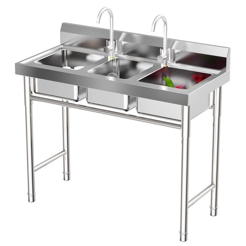 39x18x36" 3-Compartment Commercial Sink - 304 Stainless Steel Freestanding Triple Bowl w/Hot & Cold Faucets for Restaurant/Bar/Food Truck (Indoor/Outdoor, US Stock)