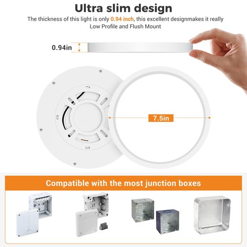 Flush Mount Ceiling Light Fixtures - 3000K-4000K-6500K & 100W Equivalent Flat led Lights for Room Ceiling,7.5Inch Ultra Thin Round White Ceiling Lights for Living Room,Bedroom,Kitchen,Bathroom,Hallway