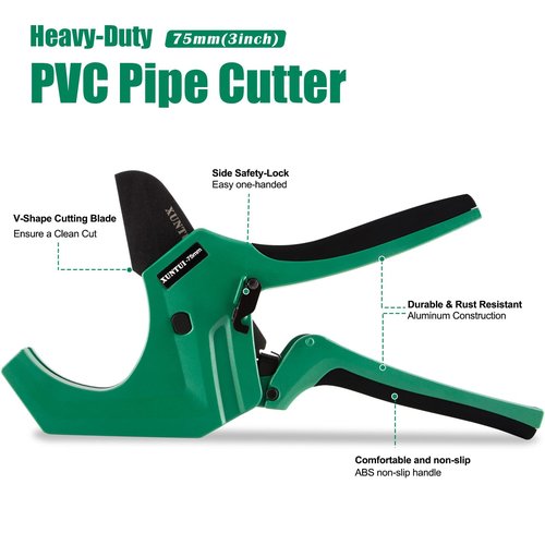 XUNTUI Ratcheting PVC Pipe Cutter- for up to 3-inch OD(Sch 40/80 Pipe) | SKD5 Steel Blade | Professional Plumbing Tool for DIY, Gardening，Plumber(Dark Green, OD3‘’75MM)