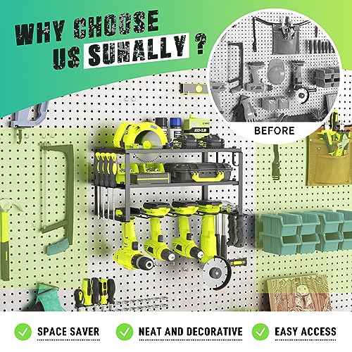 Power Tool Organizer, Heavy Duty Iron, 3 Layers Storage Rack with 4 Drill Holders, Floating Tool Shelf Wall Mounted, Matte Black, Work Shop, Garage, 150Lbs Load Capacity