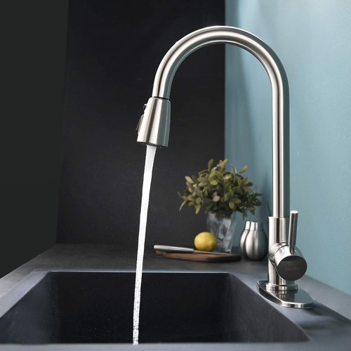 VALISY Kitchen Faucet with Pull Down Sprayer, Modern Single Handle Pull Out Brushed Nickel Kitchen Sink Faucet, High-Arc Pullout Faucets for RV Laundry Utility Sinks with Deck Plate, VALQYT061L-D