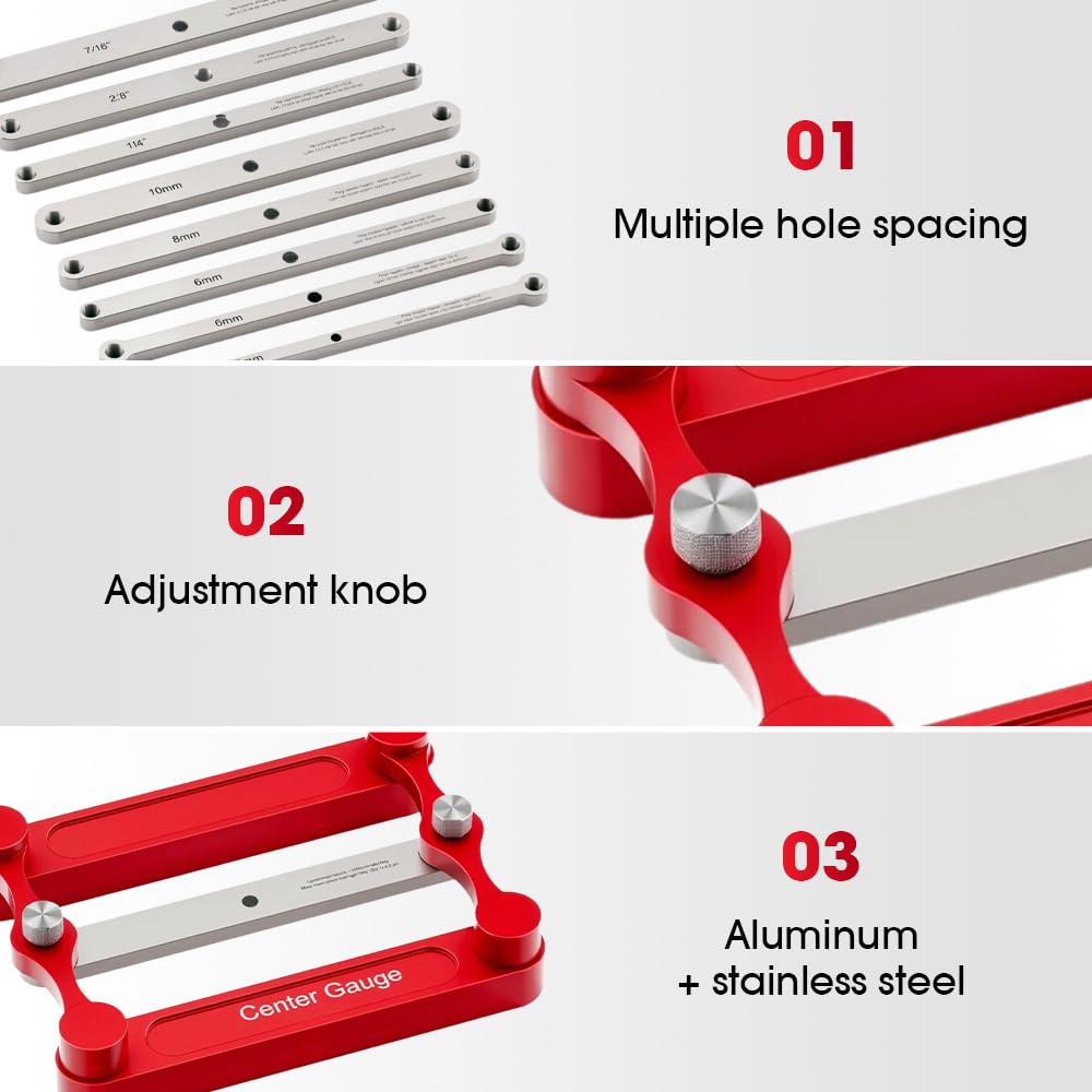 Yonynn Center Gauge & Doweling Jig Kit, Self-Centering Doweling Jig with 1/4", 5/16", 3/8" Drill Guides + Stainless Steel Center Gauge, Marking Gauge Woodworking Tool (Metric & Inch) (3)