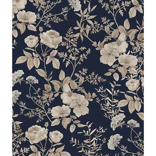 Erfoni 16.9" x118" Vintage Peel and Stick Wallpaper Dark Blue Floral and Leaf Contact Paper Boho Botanical Self Adhsive Wallpaper DIY Removable Wall Paper for Bedroom Cabinets Decor Vinyl Roll
