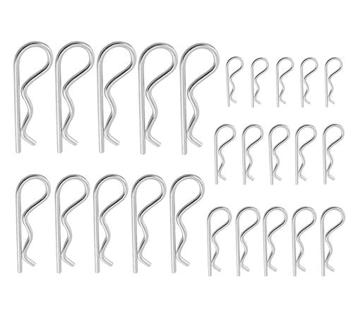 XBDZR 25 Pcs R Shaped Spring Cotter Pins Fastener Assortment Kit, Zinc Plated Steel Retaining Hair Pin for Hitch Pin Lock System - 5 Sizes