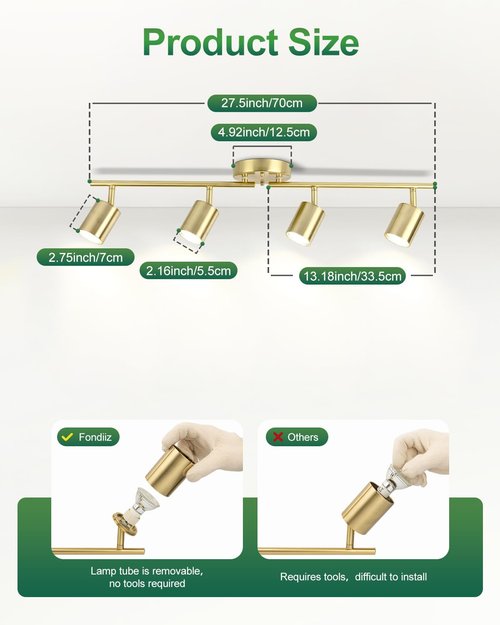 Fondiiz 4 Ways Track Lighting, Rotatable Heads Tracks Light, Track Lightings Fixtures Ceiling with Foldable Arms, Modern Gold Tracks Light for Kitchen, Living Room, Hallway(Bulbs Not Included)