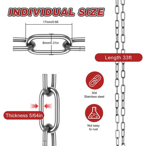 304 Stainless Steel Link Chain, 5/64in-33ft, Small Hanging Chain Link, Metal Short Chain, Light Duty Coil Chains, for Hanging Plants,Pet Dog,Feeders, DIY Projects