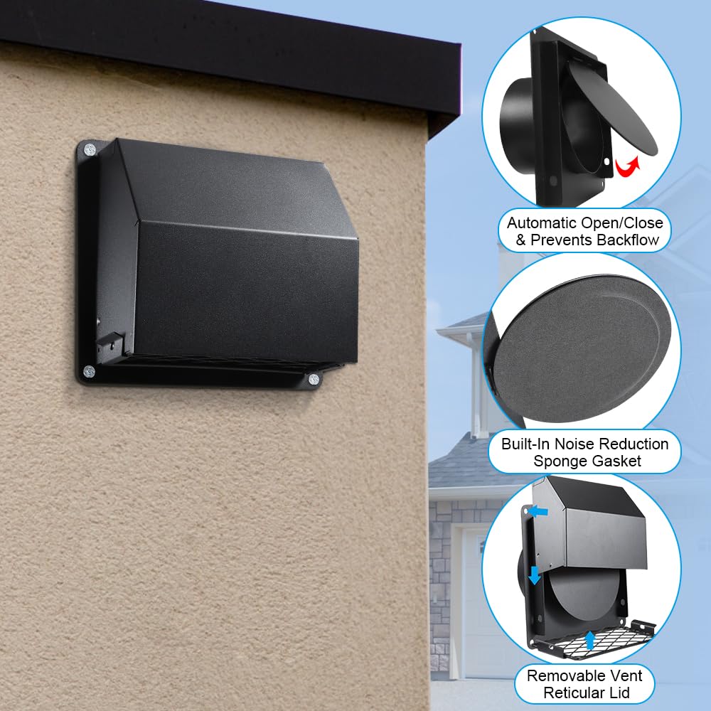 Picowe 4 Inch Dryer Vent Cover Outside, Metal Wall Vent Cover with Removable Lid & Noise-Reducing Sponge Gasket, for Dryer, Bathroom, Kitchen, Garage Exhaust