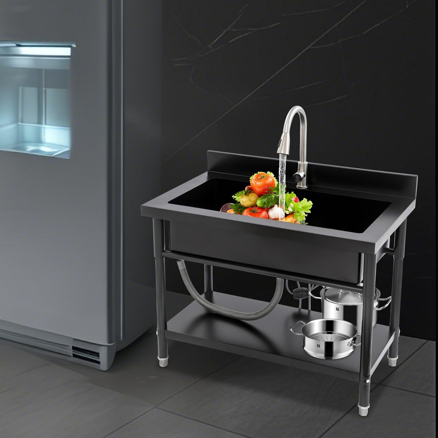 Stainless Steel Utility Sink, Freestanding Commercial Kitchen Sink with Pull-Out Faucet, Large Capacity Laundry Sink, Single Bowl Garage Sinks for Garage Basement Outdoor Indoor Use (Black)