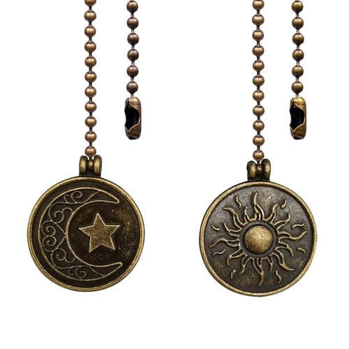 Dotlite Copper Ceiling Fan Pull Chain Set, Decorative Totem Fan Pull Chain Pendant Extension, 12 Inches Lighting & Fan Beaded Ball Chain Extender Ornament with Connector, Moon and Sun (2Pack)