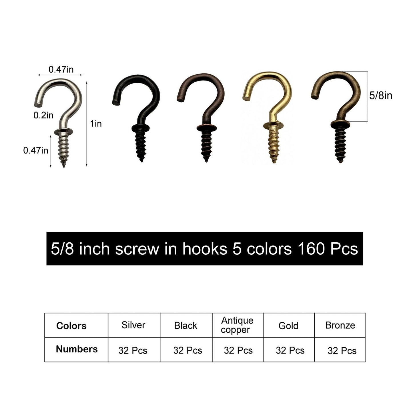 IDEALSV 160 Pcs Small Screw Hooks, 5/8 Inch Metal Twist in Hook, Christmas Lights Patio Hanging Jewelry Hooks 5 Colors (Gold,Bronze,Black,Antique Copper,Silver)