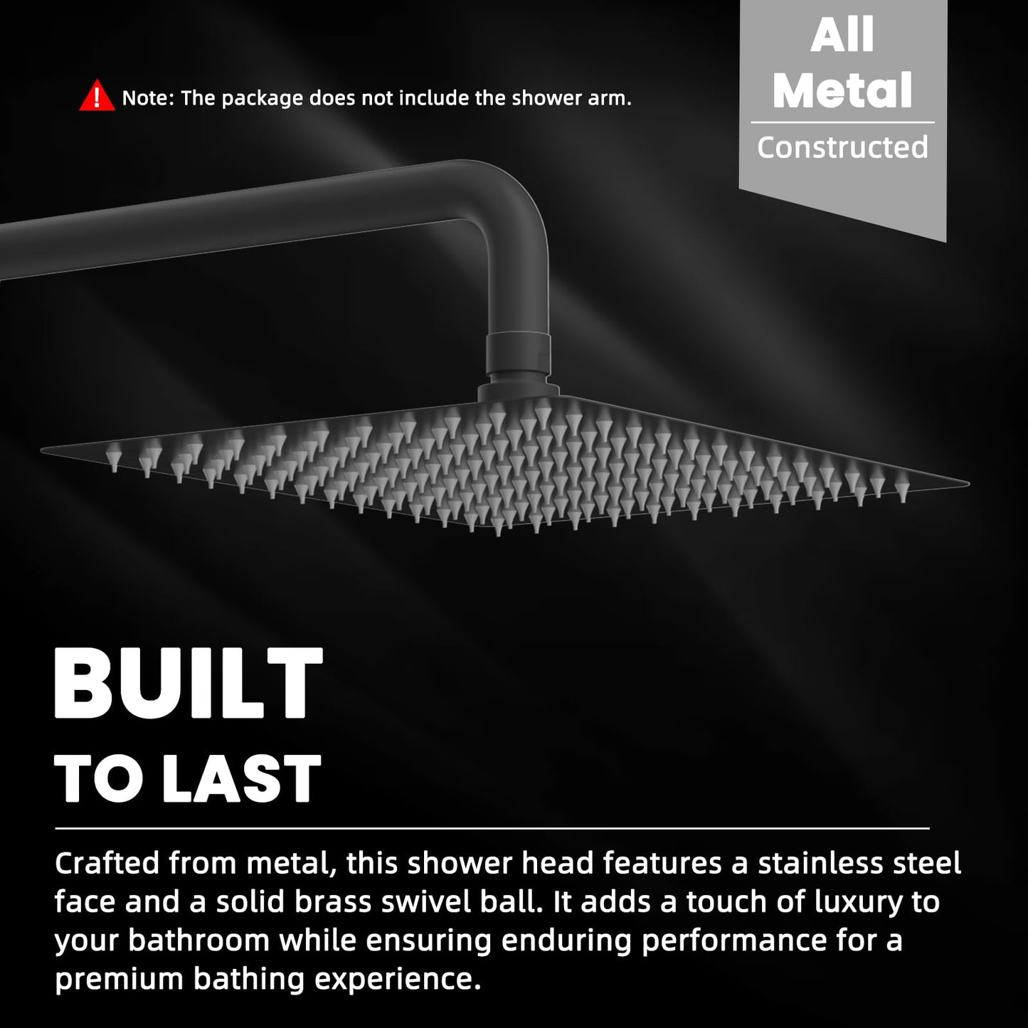 Hibbent All Metal 12 Inch Shower Head, High Pressure Stainless Steel Rain Showerheads, Bathroom Rainfall Showerhead with Ultra-thin Design, Adjustable Brass Ball Joint, Silicone Nozzles, Matte Black