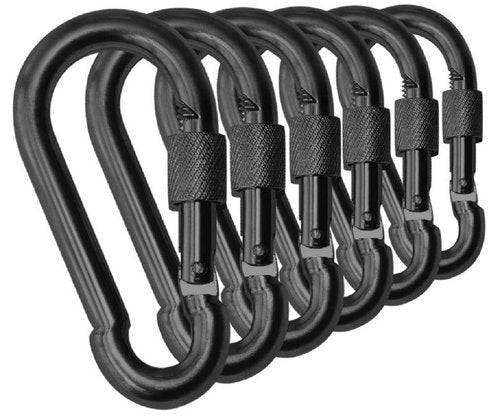 Branded Boards Black & Silver Heavy Duty Bushcraft Locking Thumb Screw Closure Zinc-Galvanized Steel Carabiner Spring Snap Clip Link Hooks 200-400lb Load. 6 & 12 Packs (5cm 6-Pack Black)