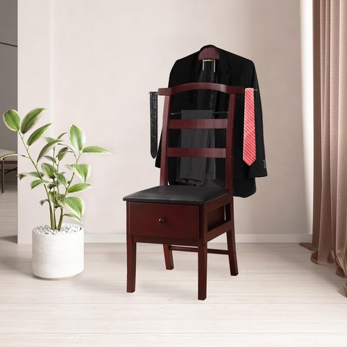 ZCXBHD Suit Valet Stands for Women and Men with Drawer Freestanding Clothes Rack with Trouser Bar and Tie Bar Wooden Chair Valet Stand(Brown AA)