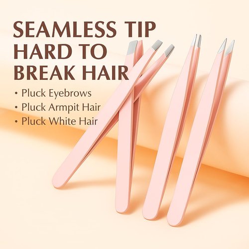 4 Piece Tweezers Set with Leather Case Precision Eyebrow Tweezers Kit Slant Pointed Flat Curved Tip for Facial Hair(P2)