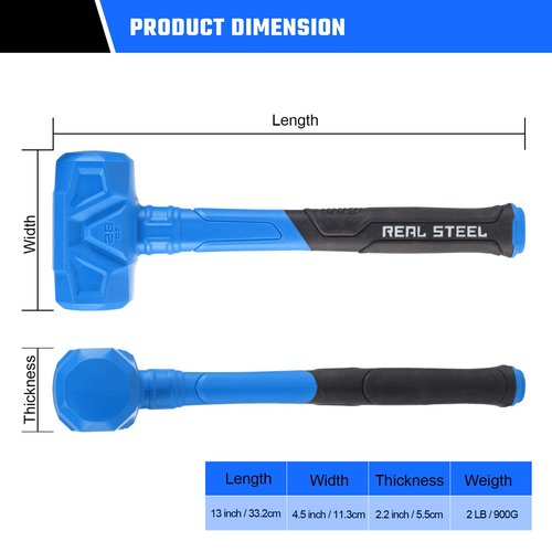 REAL STEEL Dead Blow Hammer 28 Oz Rubber Mallet Non-Marring and Sparking Resistant with Steel Shot-filled Head Ideal for DIY,Automotive,Furniture (0317)