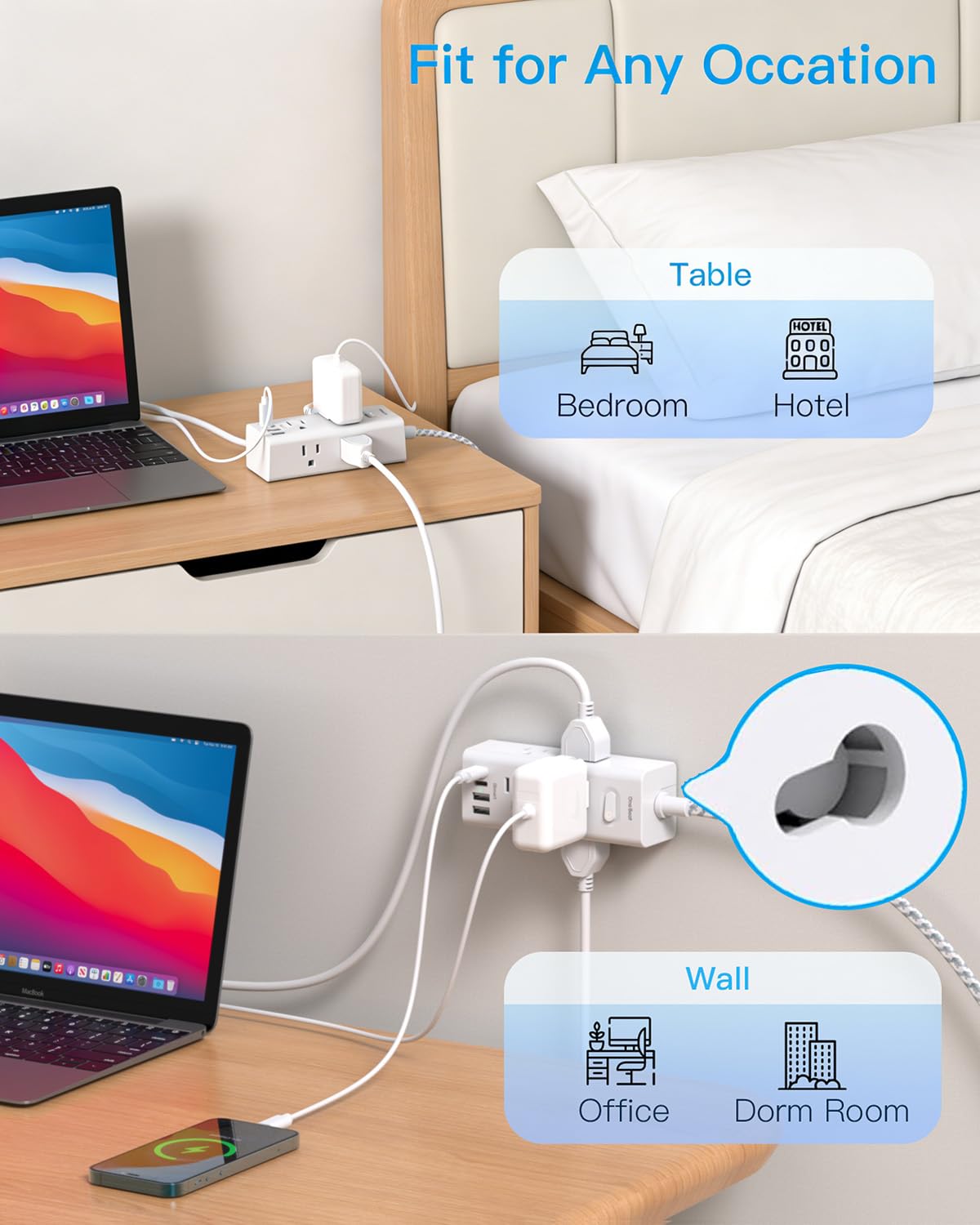 Flat Plug Extension Cord 5Ft, One Beat 5 Feet Surge Protector Power Strip with 6 Widely Outlets 4 USB Ports (2 USB C), 3 Way Wall Outlet Extender Extension Cord for Home Office College Dorm Room