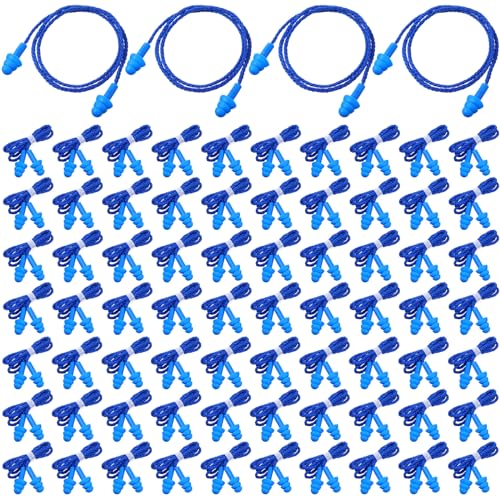Xuhal 200 Pair Corded Ear Plugs Reusable Silicone Earplugs Individually Wrapped Hearing Protection Sleep Noise Cancelling for Work Construction Shooting Sports Noise Reduction(Blue, Dark Blue)